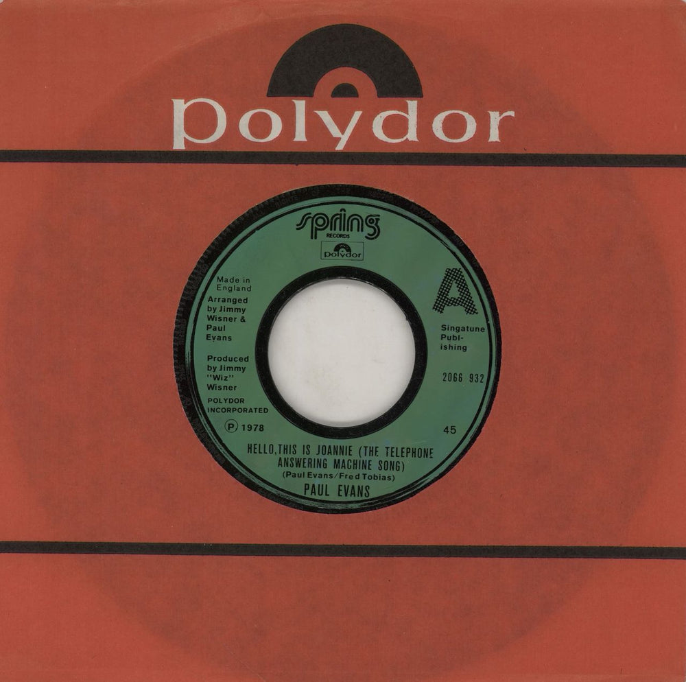 Paul Evans Hello This Is Joannie - Jukebox UK 7" vinyl single (7 inch record / 45) 2066932