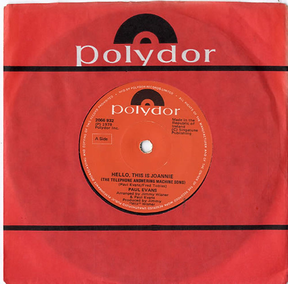 Paul Evans Hello This Is Joannie (The Telephone Answering Machine Song) Irish 7" vinyl single (7 inch record / 45) 2066932