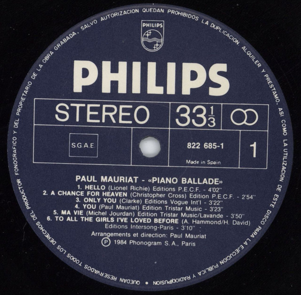 Paul Mauriat Piano Ballade Spanish vinyl LP album (LP record) PMRLPPI809240