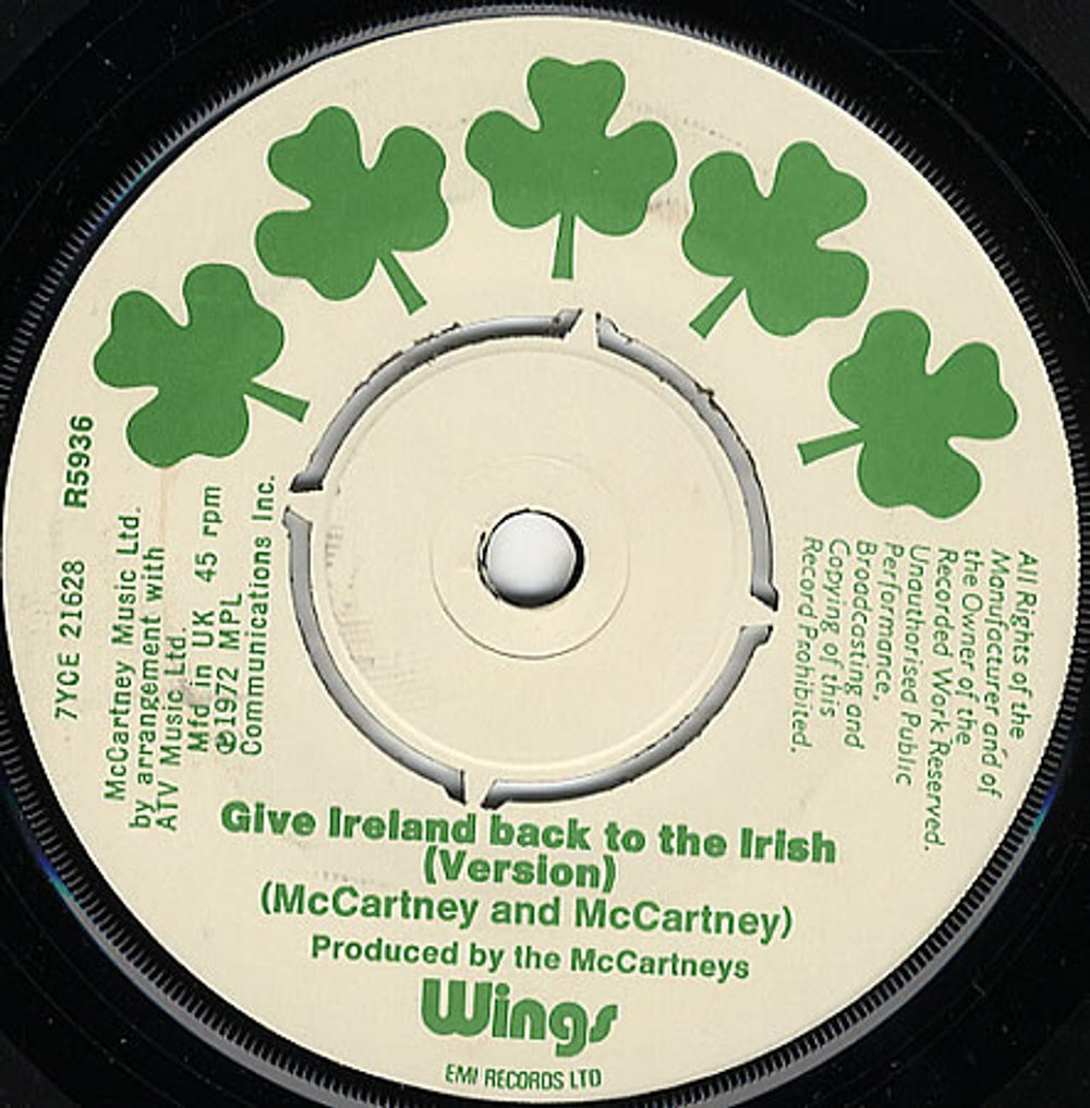 Paul McCartney and Wings Give Ireland Back To The Irish - 2nd Issue UK 7" vinyl single (7 inch record / 45) R5936