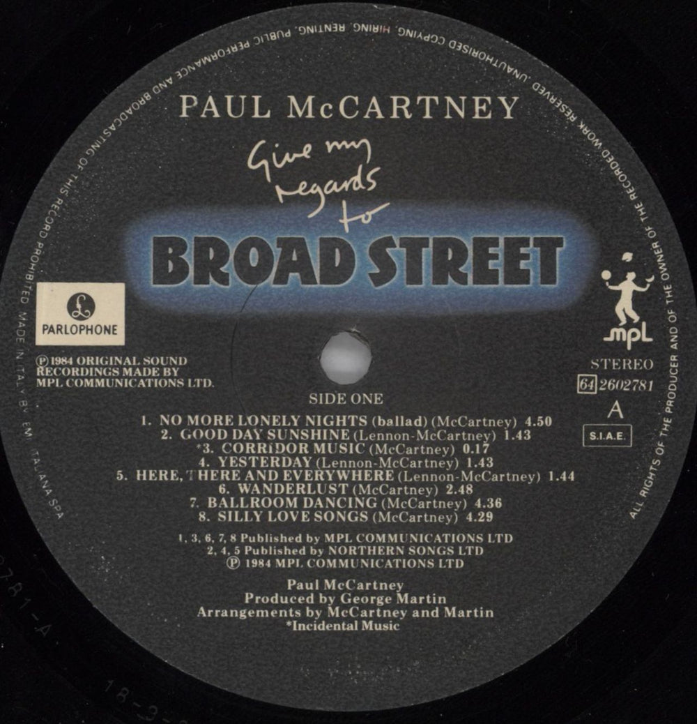 Paul McCartney and Wings Give My Regards To Broad Street Italian vinyl LP album (LP record) MCCLPGI823148