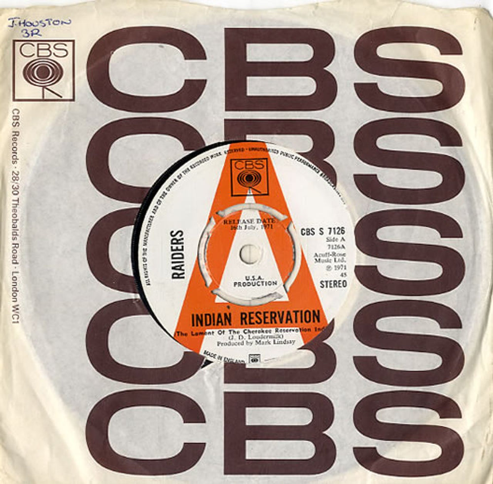 Paul Revere & The Raiders Indian Reservation (The Lament Of The Cherokee Reservation Indian) UK Promo 7" vinyl single (7 inch record / 45) CBSS7126