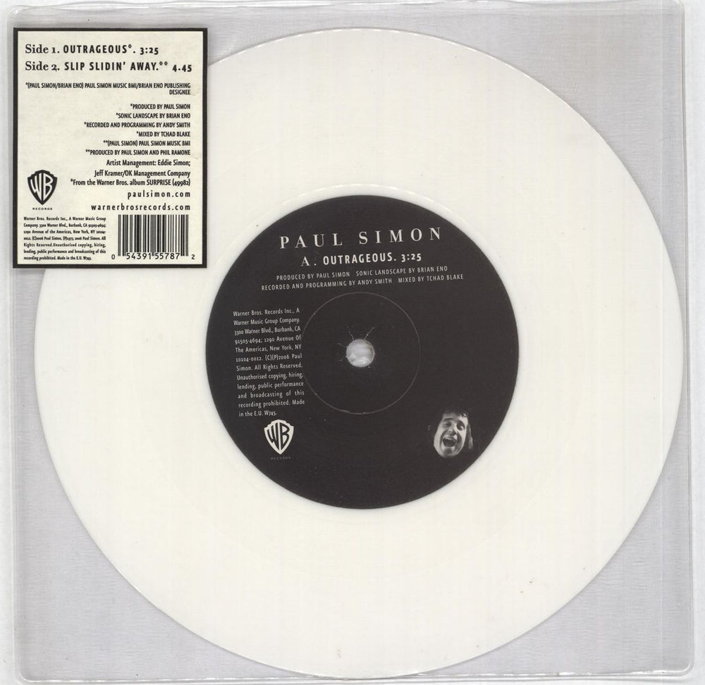 Paul Simon Outrageous - White Vinyl UK 7" vinyl single (7 inch record / 45) W745