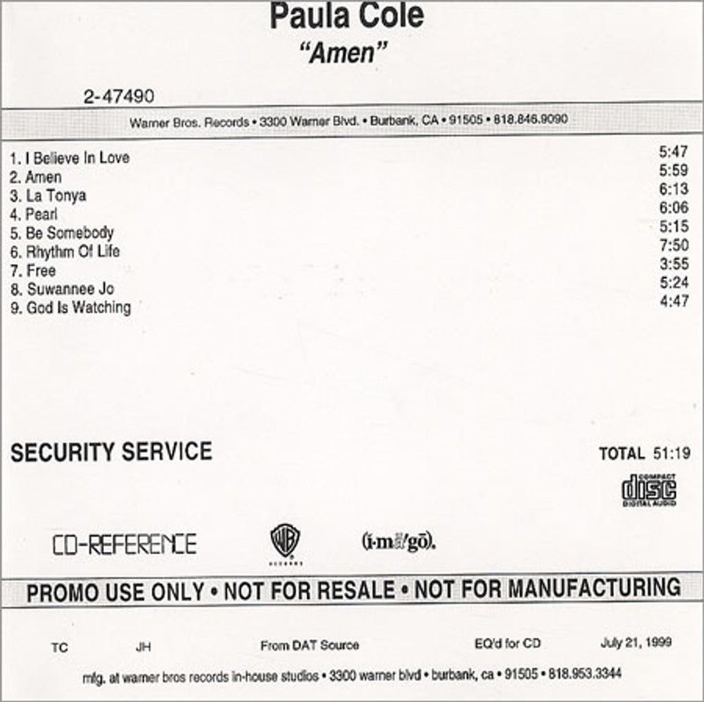 Paula Cole Amen US Promo CD-R acetate CD ACETATE