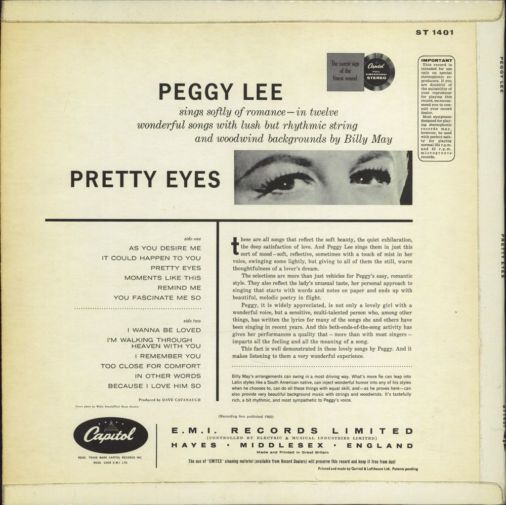 Peggy Lee Pretty Eyes UK vinyl LP album (LP record)