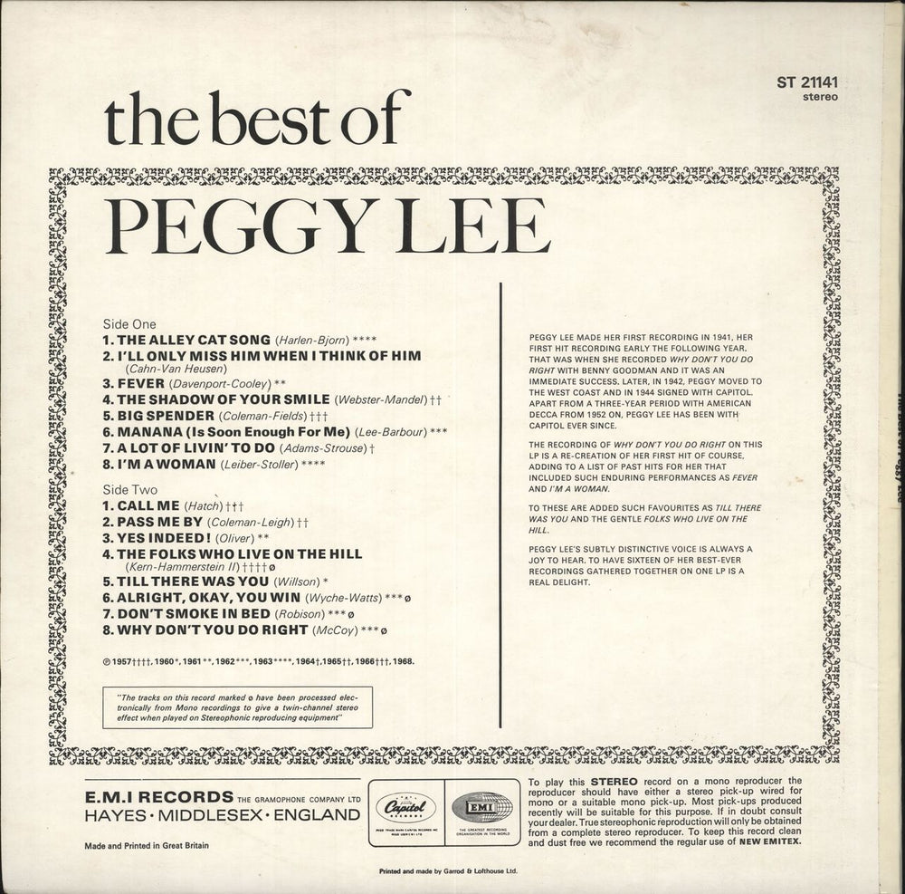 Peggy Lee The Best Of Peggy Lee - 3rd UK vinyl LP album (LP record)