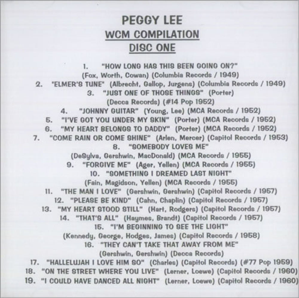 Peggy Lee WCM Compilation US Promo CD-R acetate CD-R ACETATE