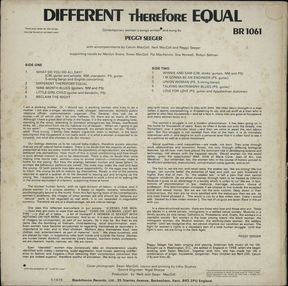 Peggy Seeger Different Therefore Equal UK vinyl LP album (LP record)
