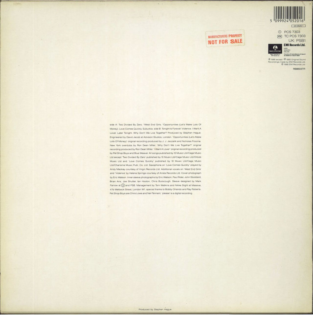 Pet Shop Boys Please - Sample Stickered Sleeve UK vinyl LP album (LP record) 5099924052016