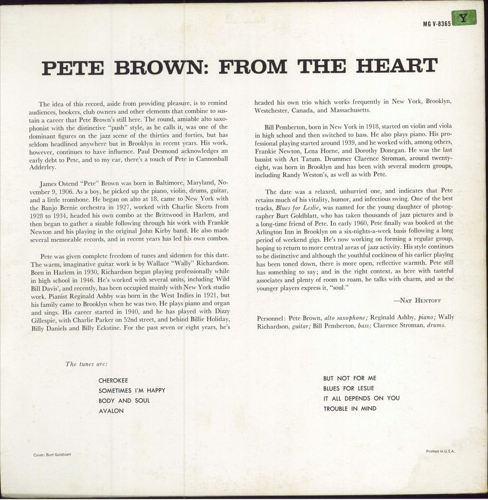 Pete Brown (Jazz) From The Heart US vinyl LP album (LP record)