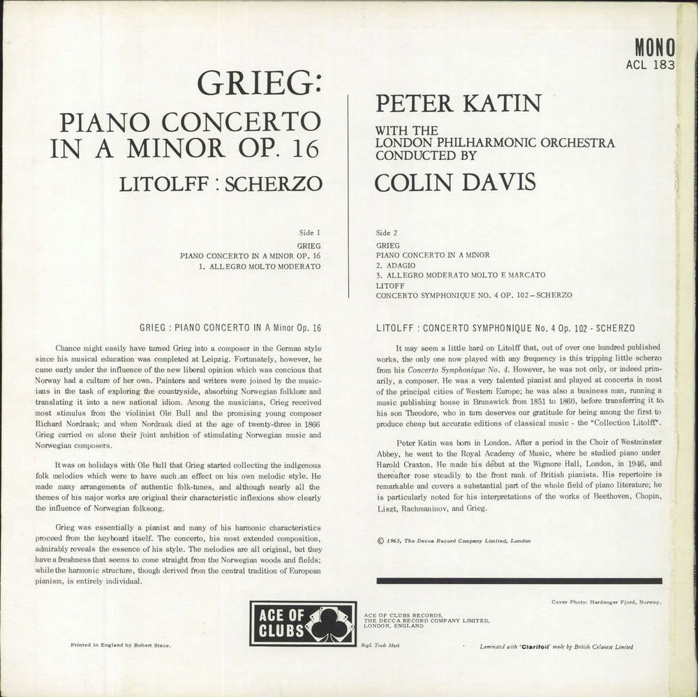 Peter Katin Grieg Piano Concerto / Litolff Scherzo UK vinyl LP album (LP record)