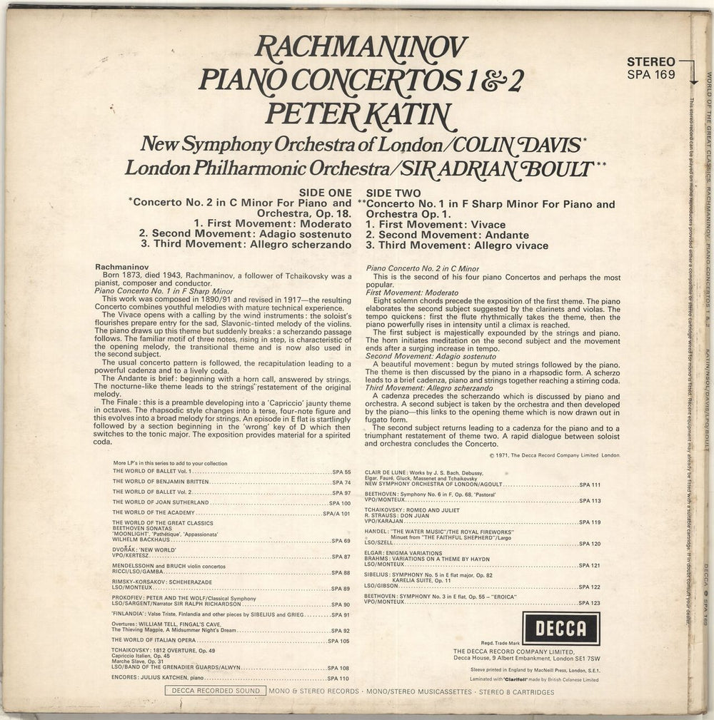 Peter Katin Rachmaninov Piano Concertos 1 & 2 UK vinyl LP album (LP record)