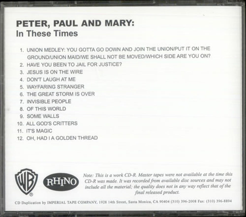 Peter Paul & Mary In These Times US Promo CD-R acetate CD-R ACETATE