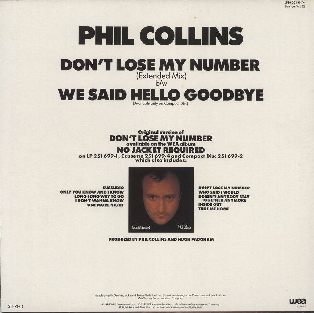 Phil Collins Don't Lose My Number German 12" vinyl single (12 inch record / Maxi-single)