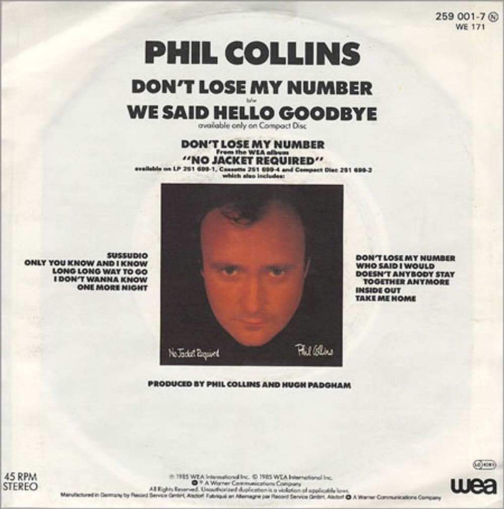 Phil Collins Don't Lose My Number German 7" vinyl single (7 inch record / 45) COL07DO279152