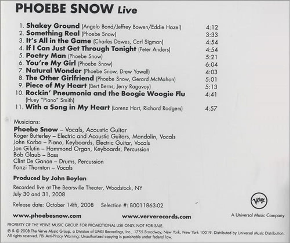 Phoebe Snow Live US Promo CD-R acetate CD-R ACETATE