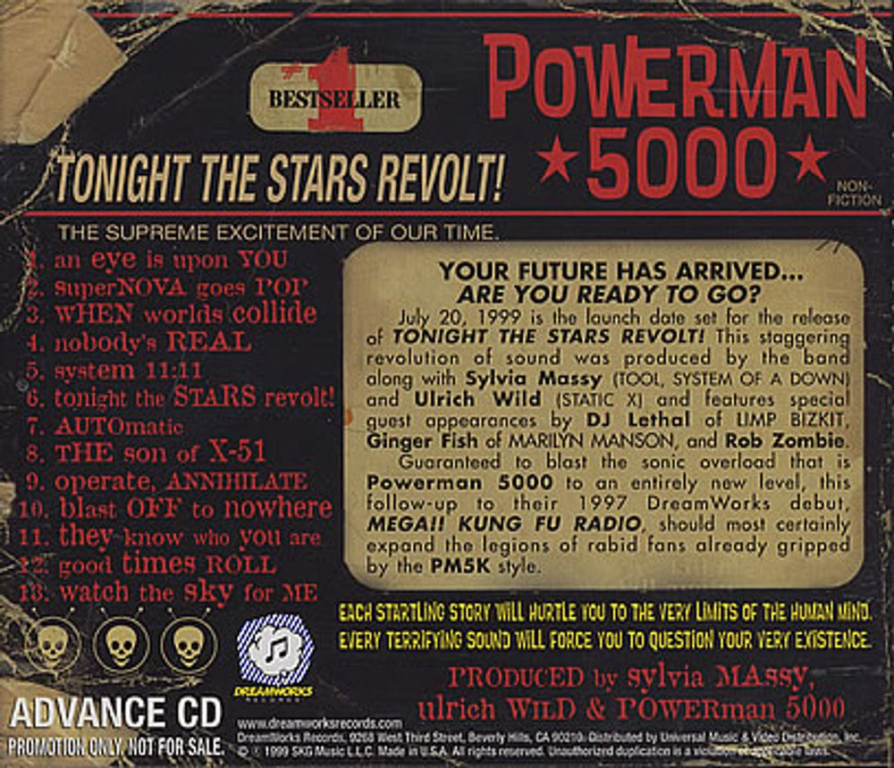 Powerman 5000 Tonight The Stars Revolt! US Promo CD album (CDLP) P50CDTO373918