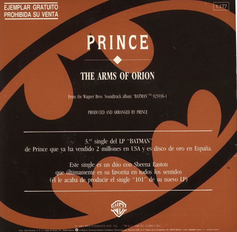 Prince The Arms Of Orion Spanish Promo 7" vinyl single (7 inch record / 45)