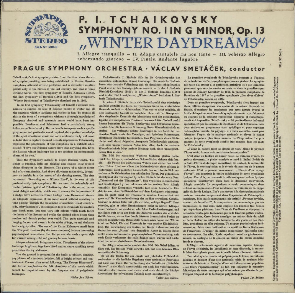 Pyotr Ilyich Tchaikovsky Symphony No. 1 "Winter Daydreams" Czech vinyl LP album (LP record)