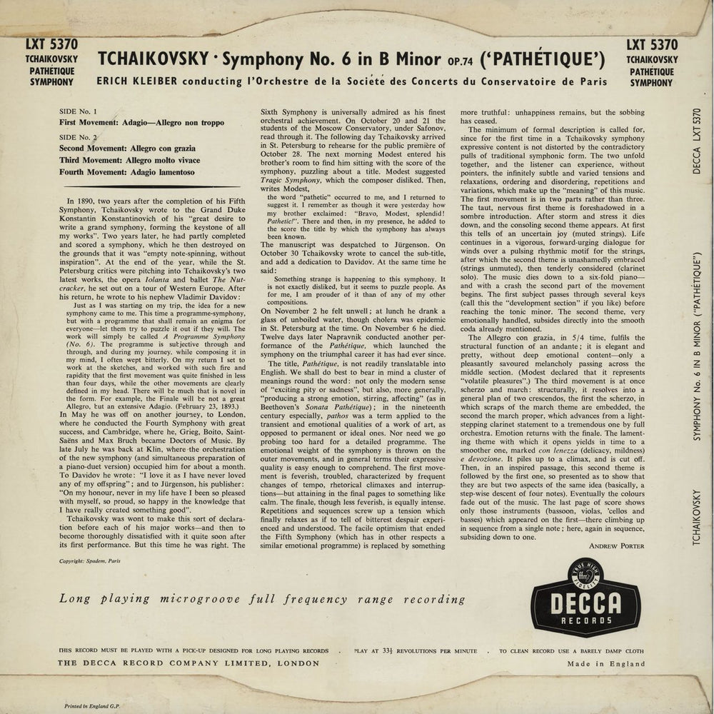 Pyotr Ilyich Tchaikovsky Symphony No. 6 in B Minor, Op.74 ('Pathetique') UK vinyl LP album (LP record)