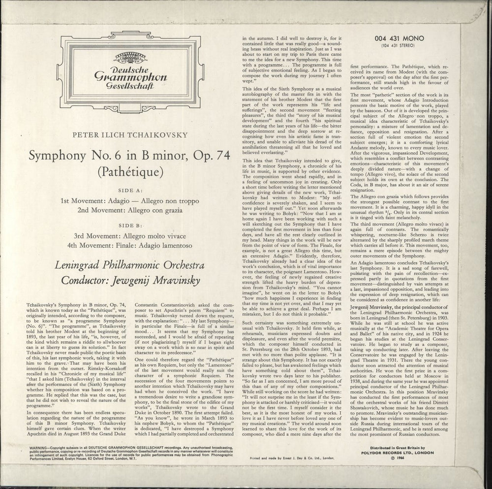 Pyotr Ilyich Tchaikovsky Symphony No. 6 'Pathetique' UK vinyl LP album (LP record)