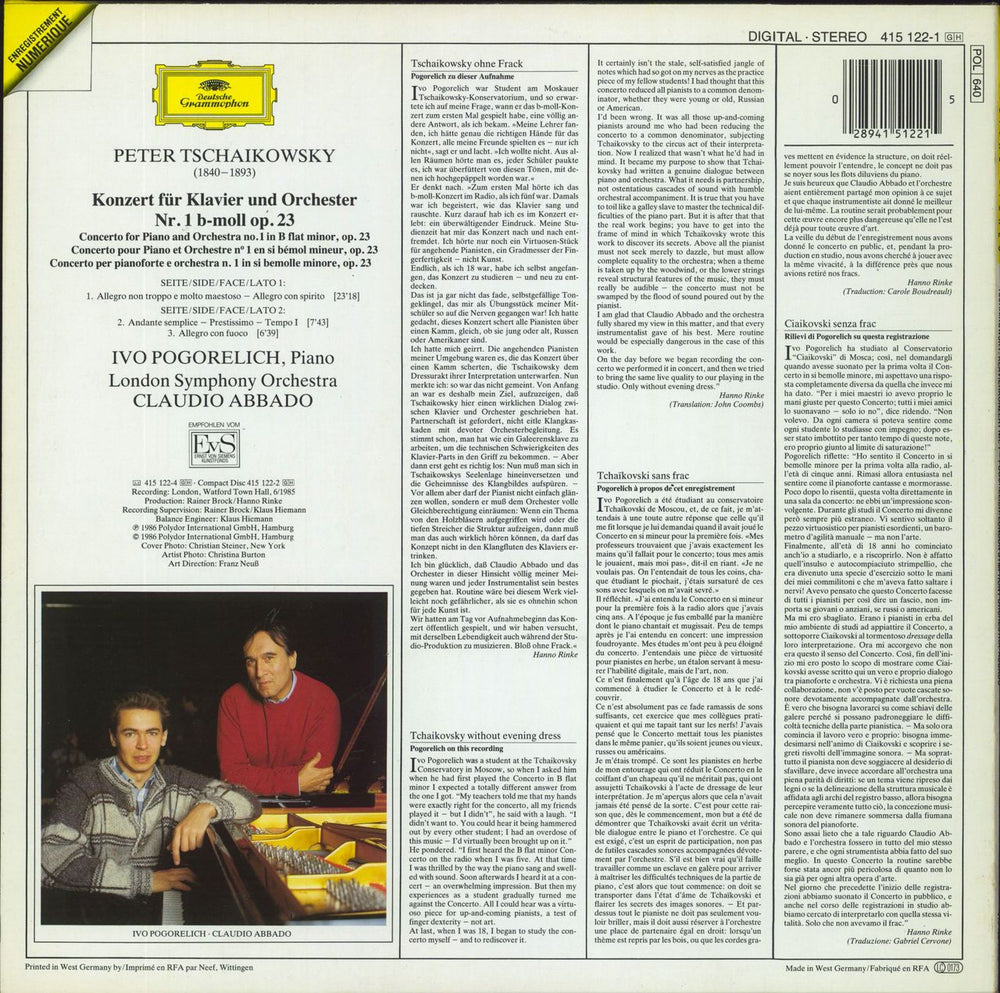 Pyotr Ilyich Tchaikovsky Tchaikovsky: Klavierkonzert No. 1 German vinyl LP album (LP record)