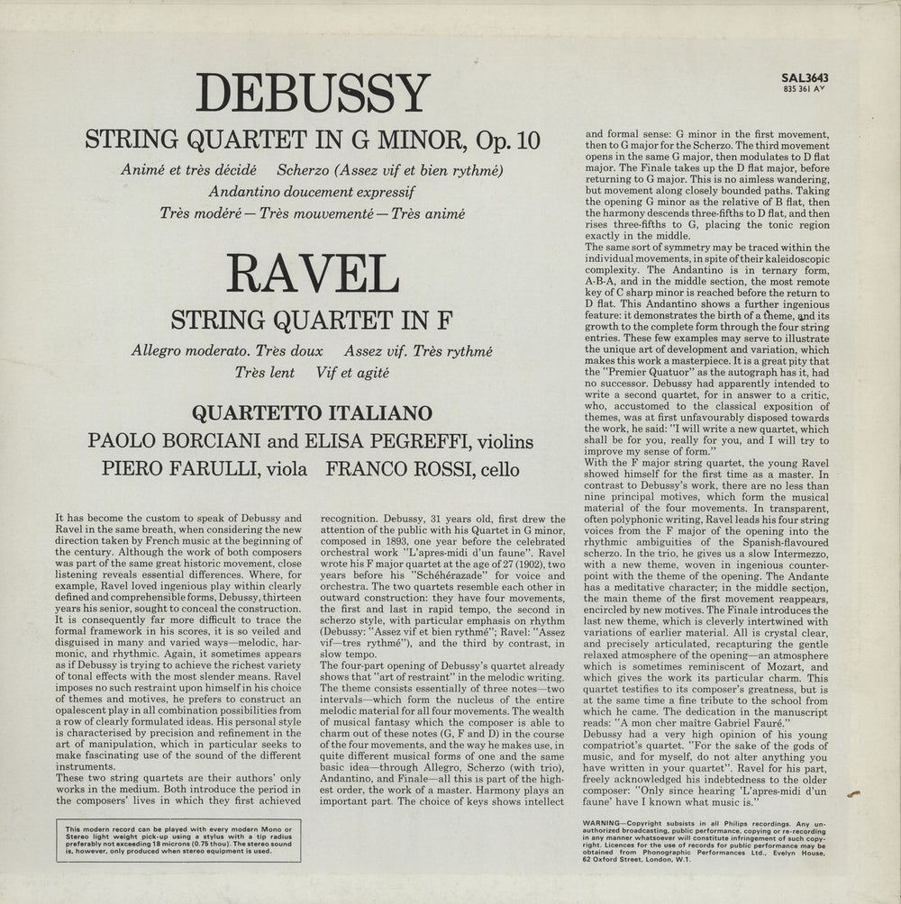 Quartetto Italiano Debussy: String Quartet In G Minor / Ravel: String Quartet In F Major UK vinyl LP album (LP record)