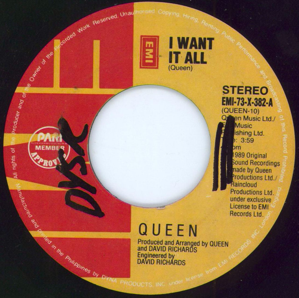 Queen I Want It All Philippino 7" vinyl single (7 inch record / 45) EMI-73-X-382