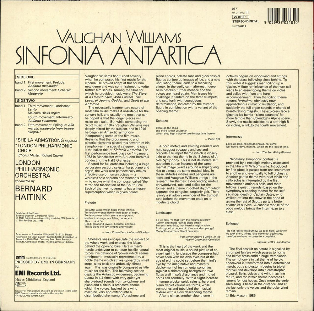 Ralph Vaughan Williams Williams: Sinfonia Antartica UK vinyl LP album (LP record) 5099927031810