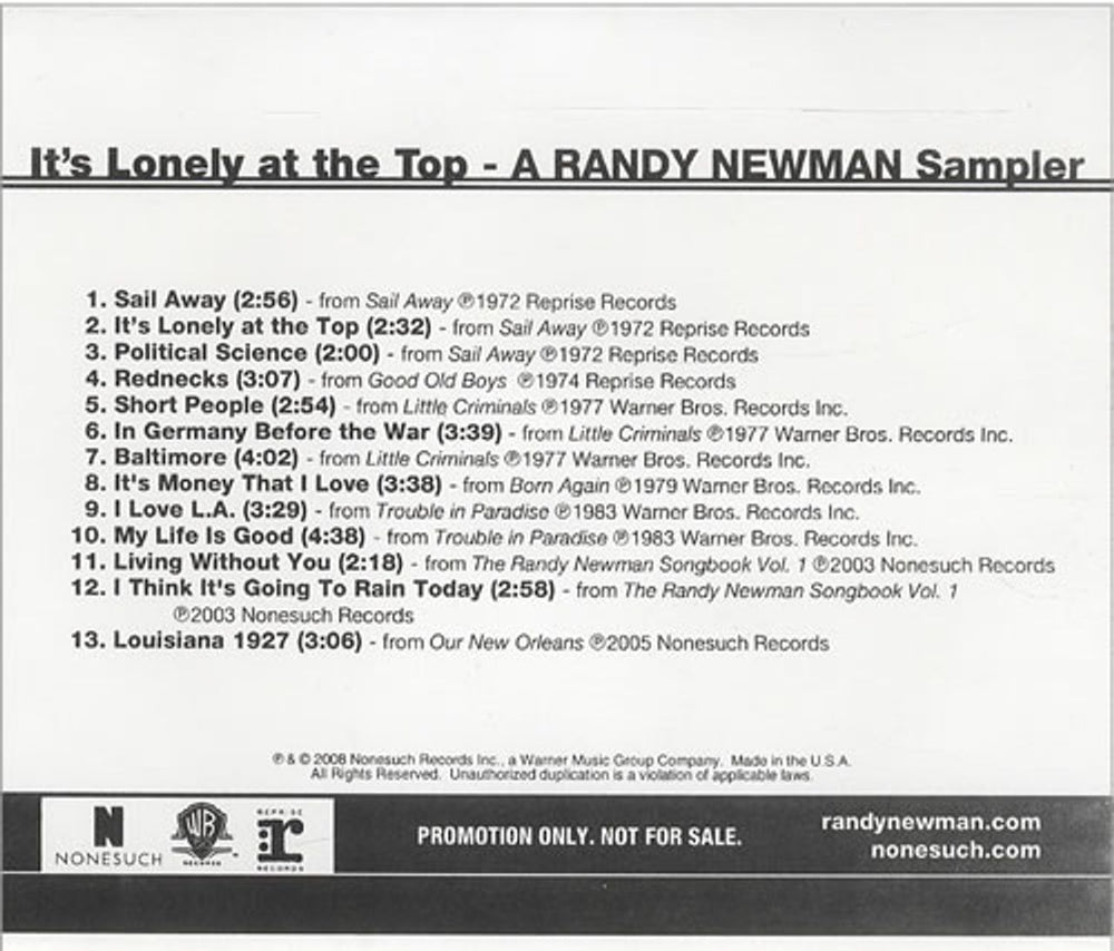 Randy Newman It's Lonely At The Top US Promo CD album (CDLP) PRO-CDR-514421