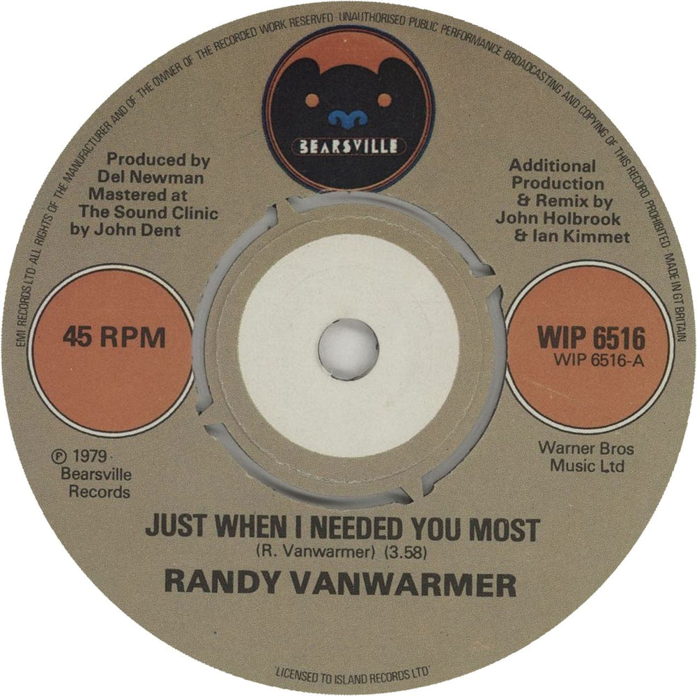 Randy Vanwarmer Just When I Needed You Most UK 7" vinyl single (7 inch record / 45) WIP6516