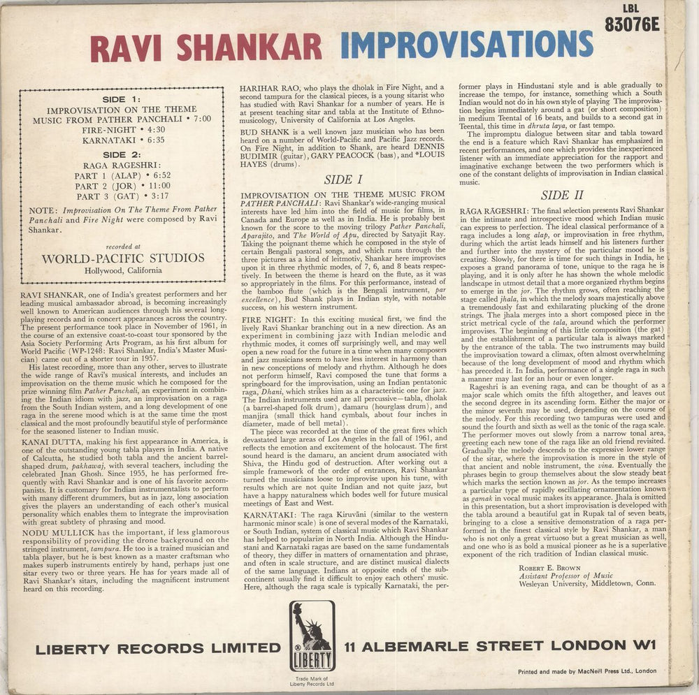 Ravi Shankar Improvisations - EX UK vinyl LP album (LP record) RVKLPIM710649