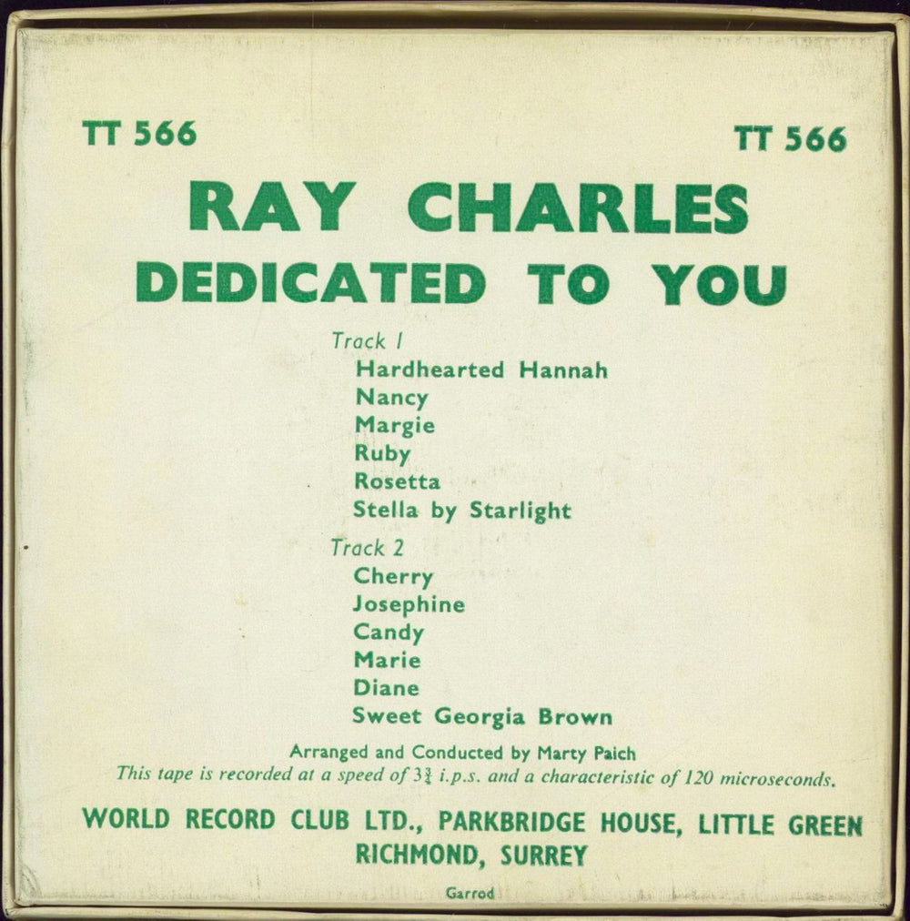 Ray Charles Dedicated To You - Mono Reel-To-Reel Tape UK Reel to Reel