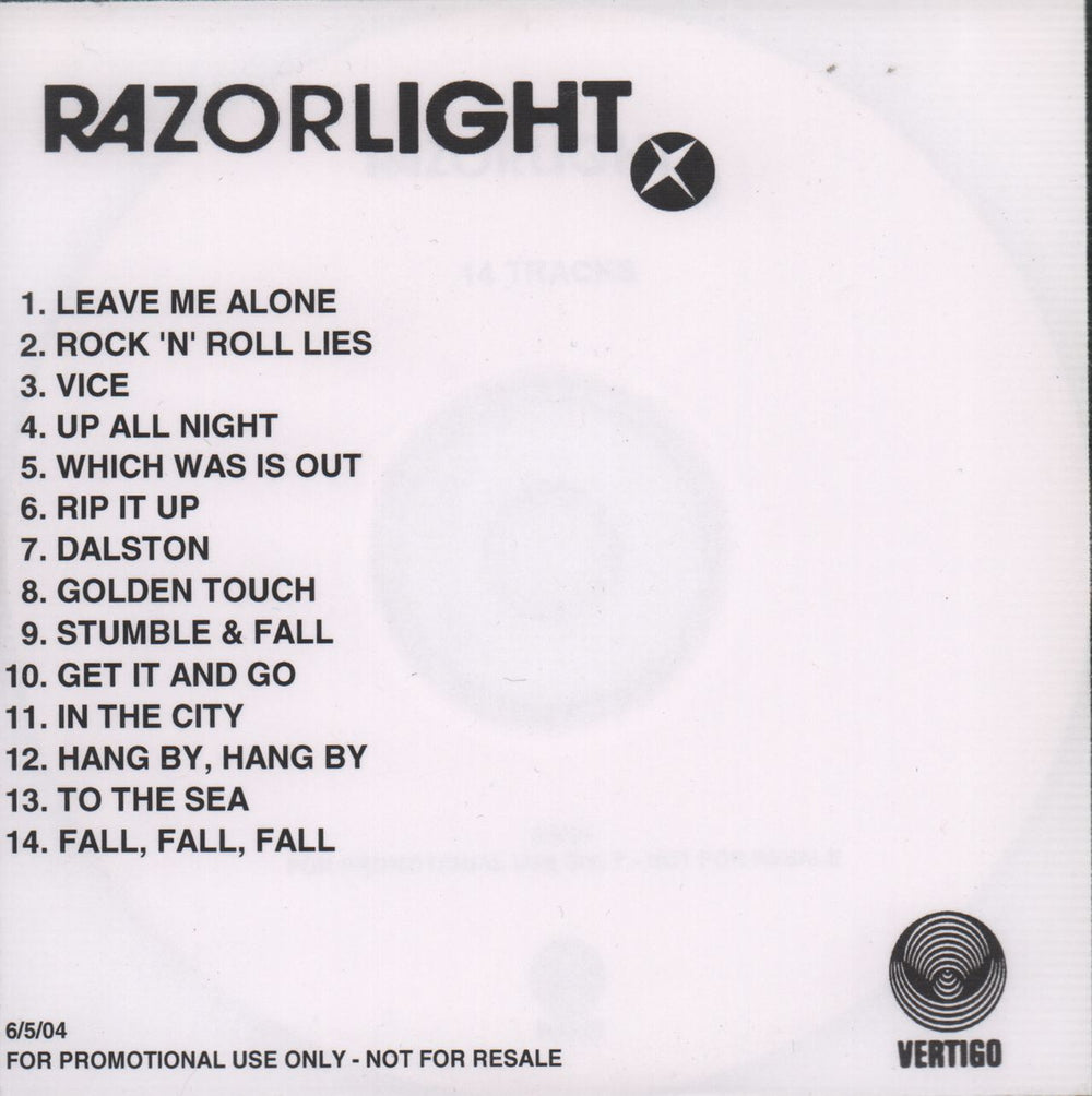 Razorlight Up All Night UK Promo CD-R acetate CD-R