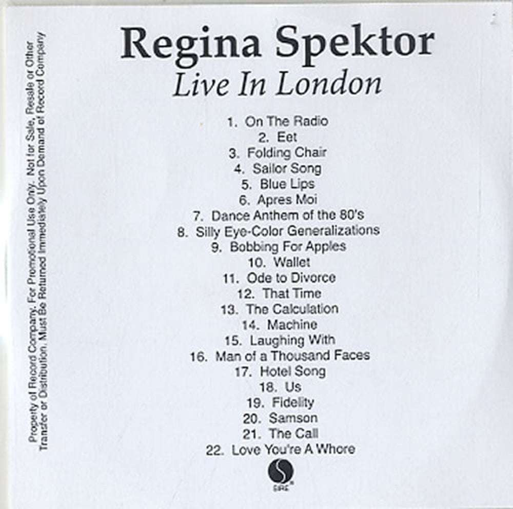 Regina Spektor Live In London US Promo CD-R acetate CD-R