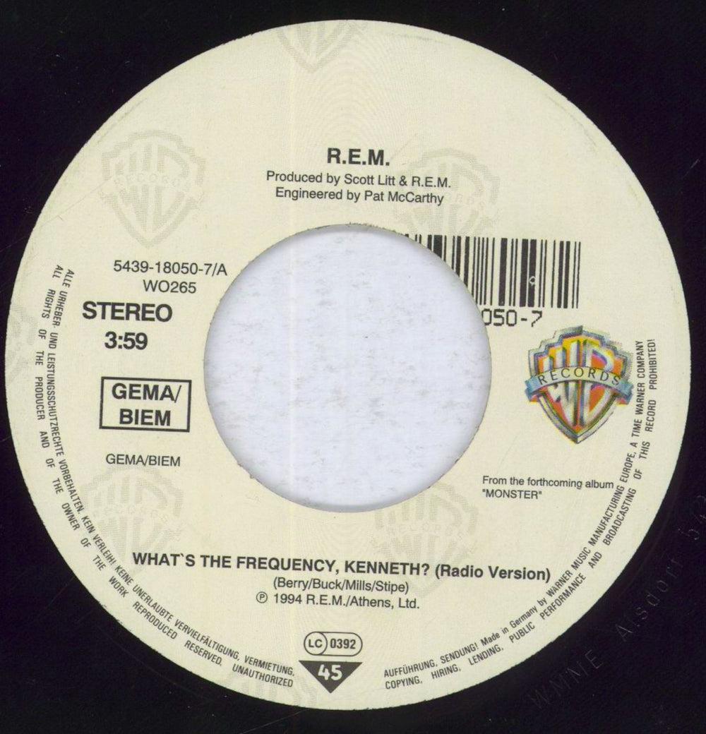 REM What's The Frequency Kenneth? - Jukebox UK Promo 7" vinyl single (7 inch record / 45) W0265