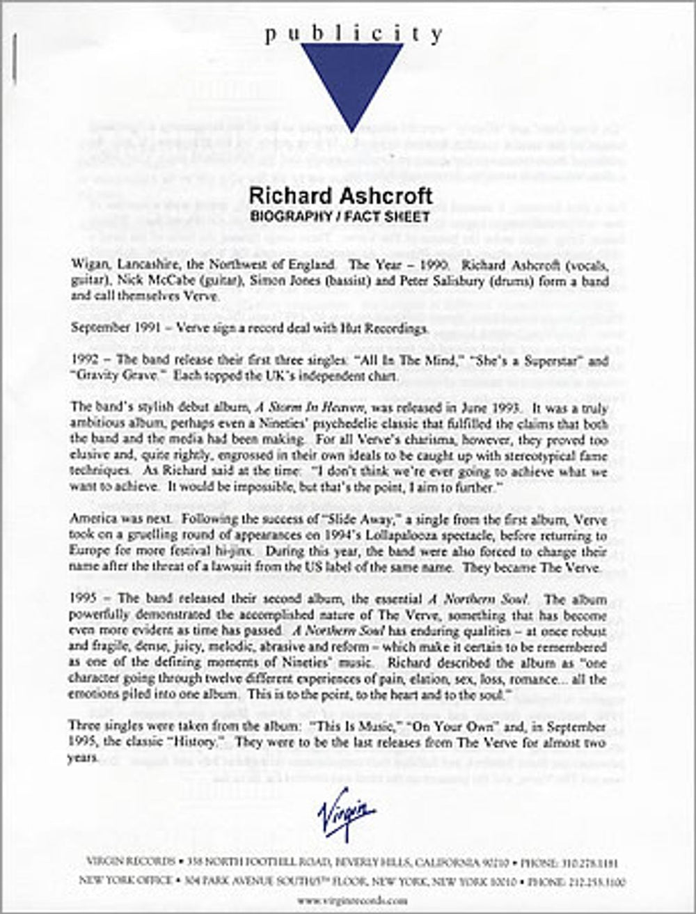 Richard Ashcroft Biography US Promo media press pack CFTPPBI160162