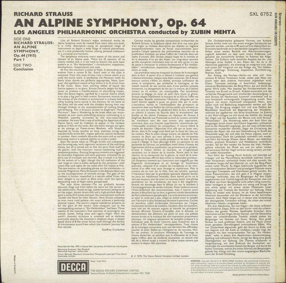 Richard Strauss An Alpine Symphony - Test Pressing UK vinyl LP album (LP record)