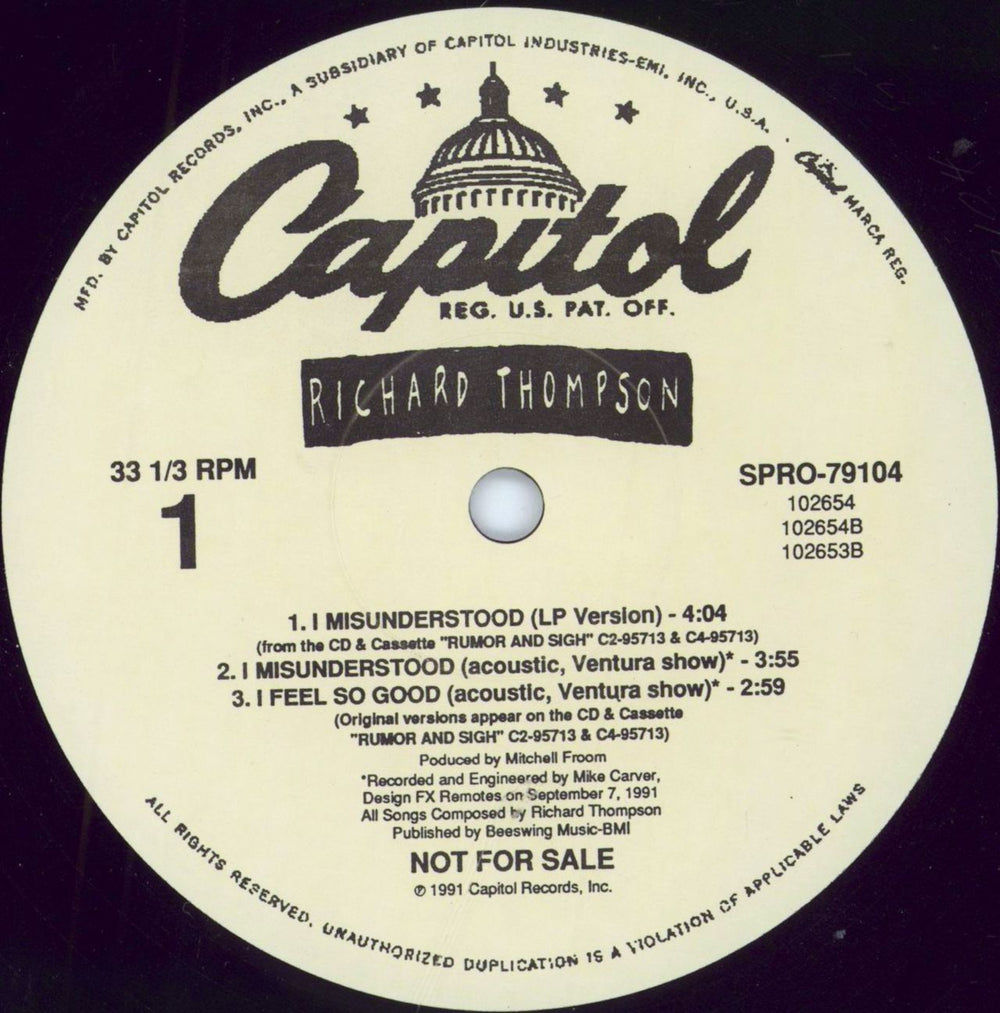 Richard Thompson I Misunderstood - White label US Promo 12" vinyl single (12 inch record / Maxi-single) SPRO-79104