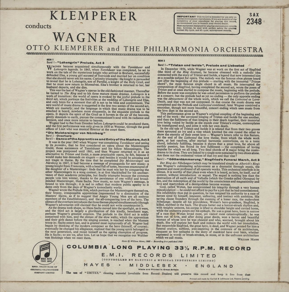 Richard Wagner Klemperer Conducts Wagner UK vinyl LP album (LP record)