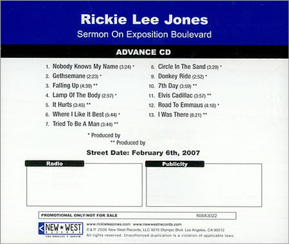 Rickie Lee Jones Sermon On Exposition Boulevard US Promo CD album (CDLP) NWA3022