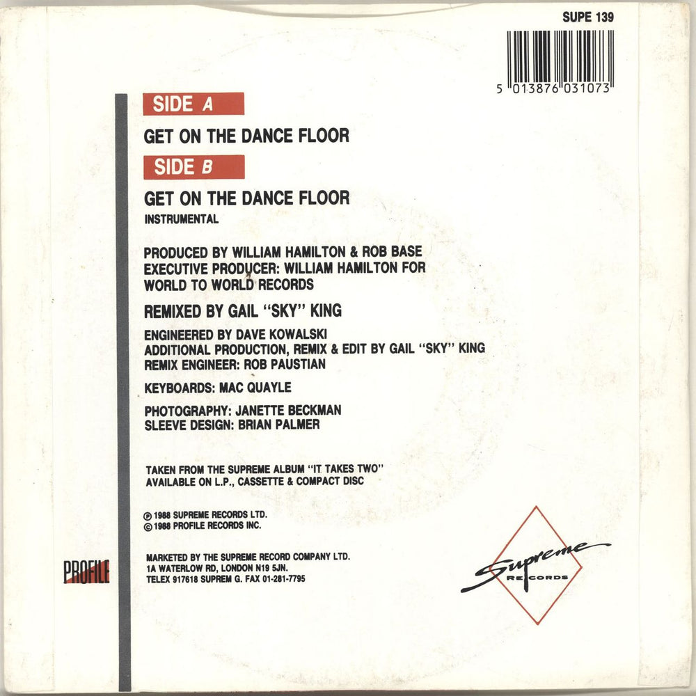 Rob Base & DJ E-Z Rock Get On The Dance Floor UK 7" vinyl single (7 inch record / 45) 5013876031073