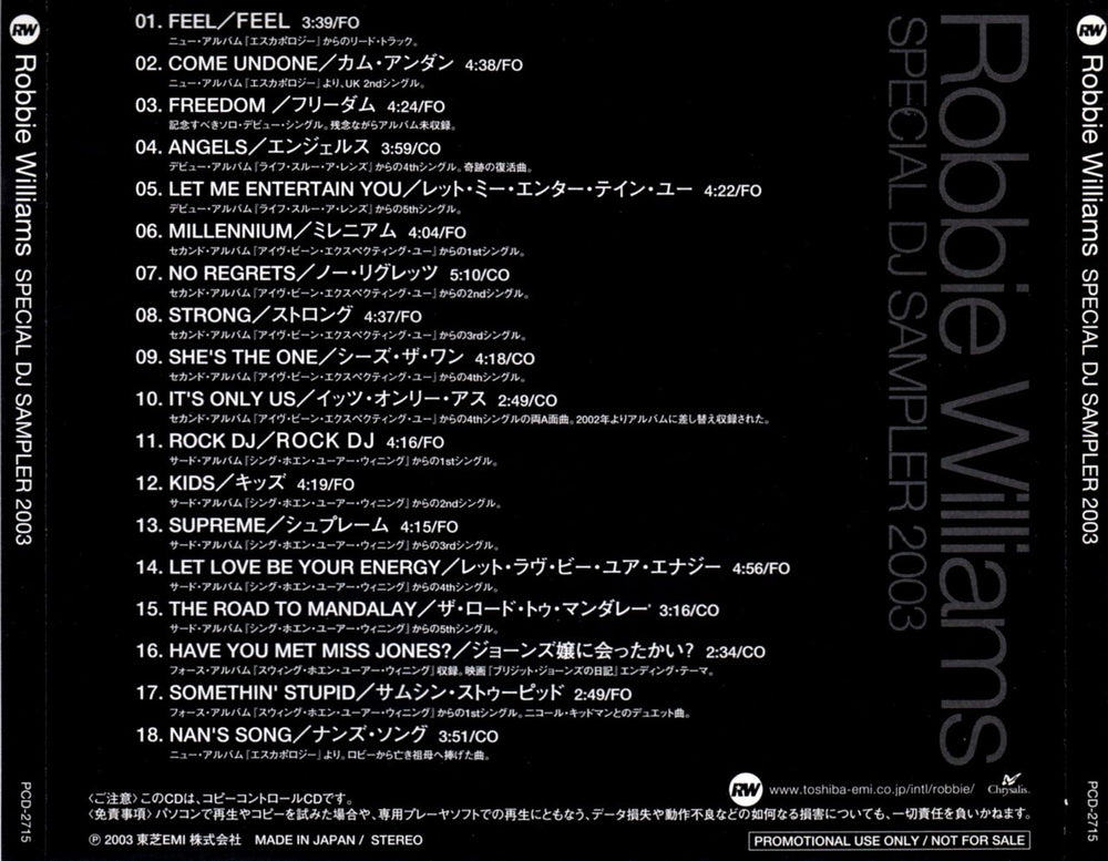 Robbie Williams Special DJ Sampler Japanese Promo CD album (CDLP) RWICDSP251103