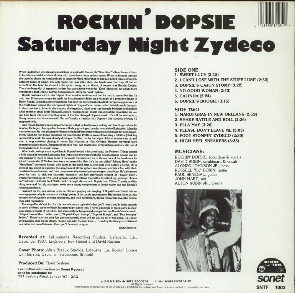 Rockin' Dopsie & The Twisters Saturday Night Zydeco UK vinyl LP album (LP record)