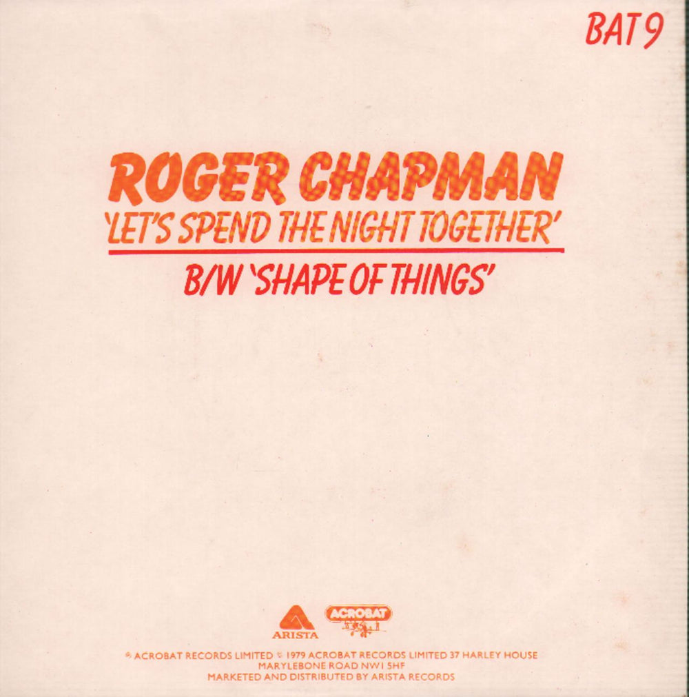 Roger Chapman Let's Spend The Night Together - Picture sleeve UK 7" vinyl single (7 inch record / 45) BAT9