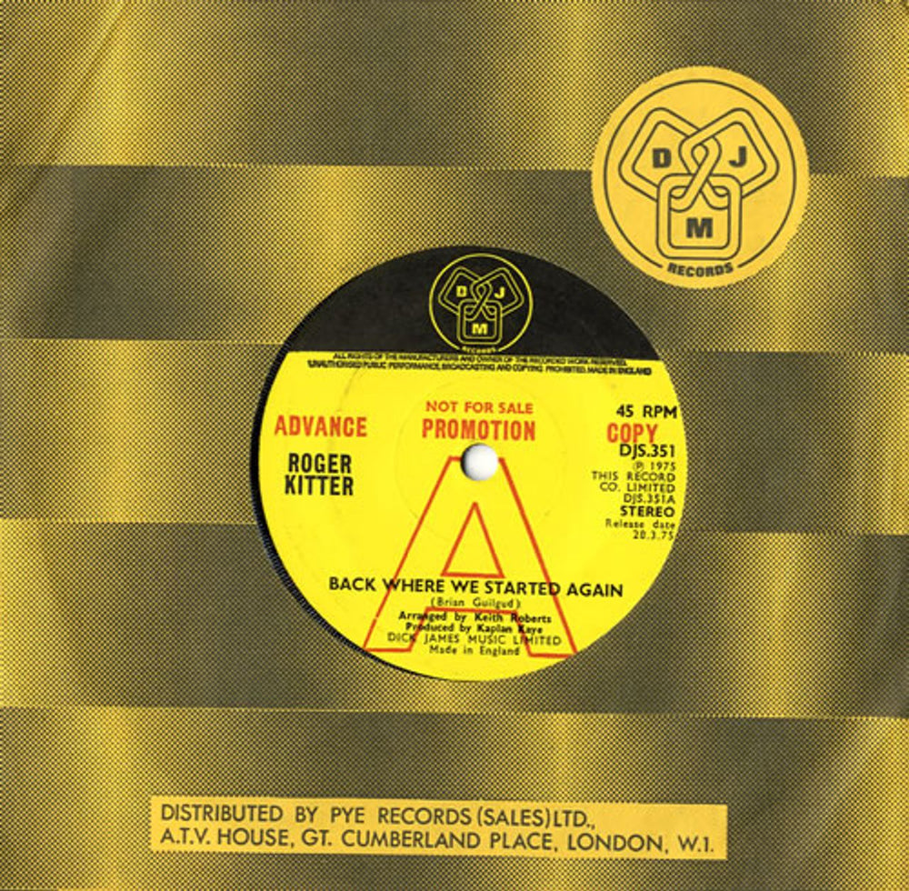 Roger Kitter Back Where We Started Again UK Promo 7" vinyl single (7 inch record / 45) DJS.351