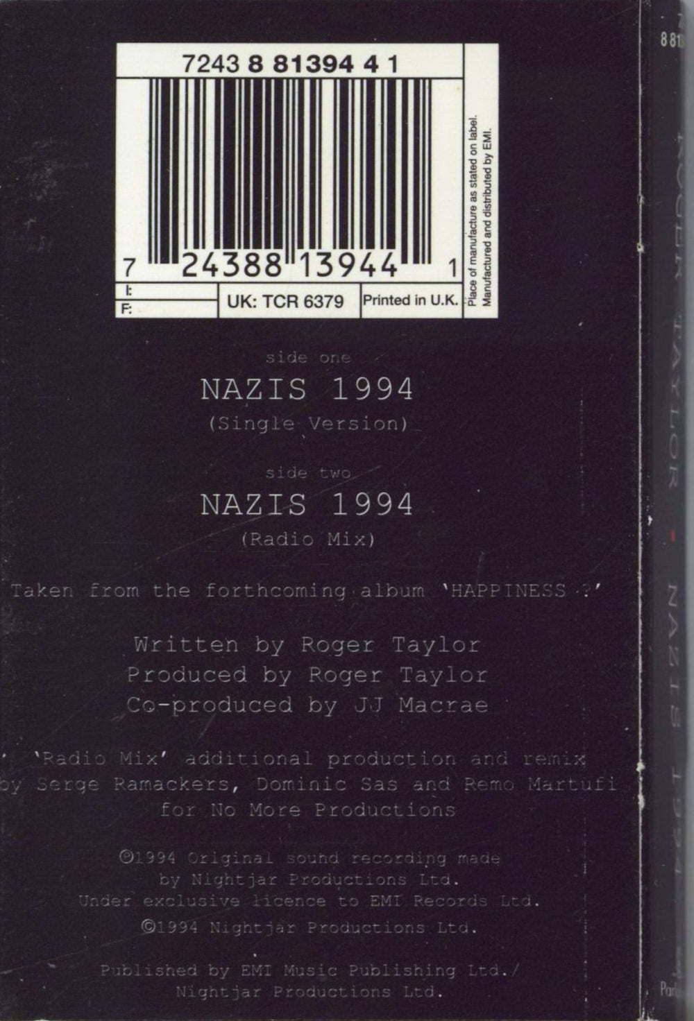 Roger Taylor Nazis 1994 UK cassette single 724388139441