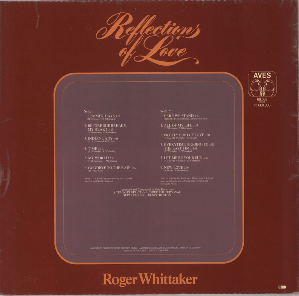 Roger Whittaker Reflections Of Love German vinyl LP album (LP record)