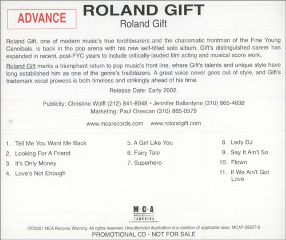 Roland Gift Roland Gift US Promo CD album (CDLP) MCAF255572