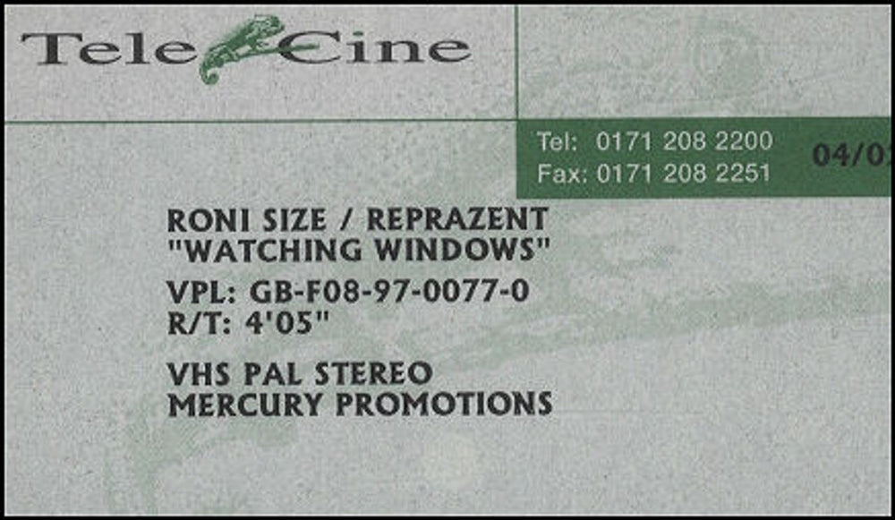 Roni Size Reprazent Watching Windows UK Promo video (VHS or PAL or NTSC)